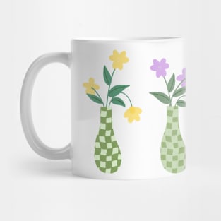 Pair of Green Checkered Vases with Yellow and Purple Flowers Mug